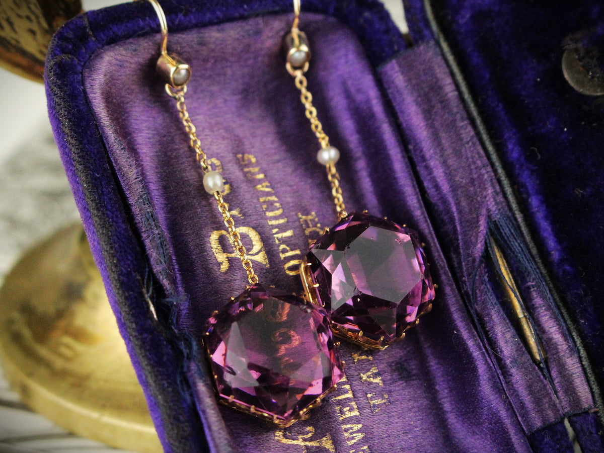 ANTIQUE VICTORIAN AMETHYST &amp; SEED PEARL EARRINGS 9ct GOLD