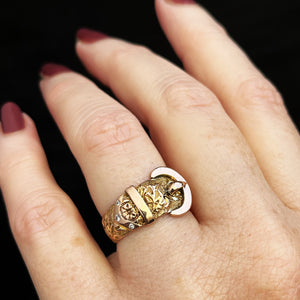 ANTIQUE VICTORIAN 1900 DIAMOND ETCHED BUCKLE RING 9ct GOLD
