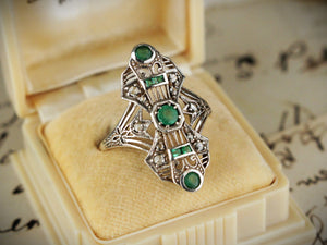 ANTIQUE ART DECO EMERALD & DIAMOND RING 9ct GOLD