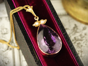 ANTIQUE EDWARDIAN AMETHYST & SEED PEARL PENDANT 14ct GOLD