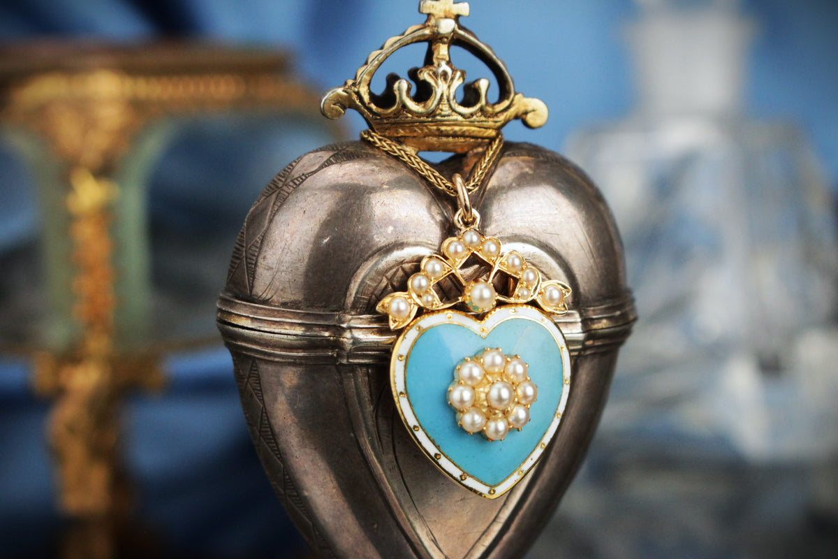 ANTIQUE EDWARDIAN EARLY 1900’s SEED PEARL & ENAMEL PENDANT 18ct YELLOW GOLD