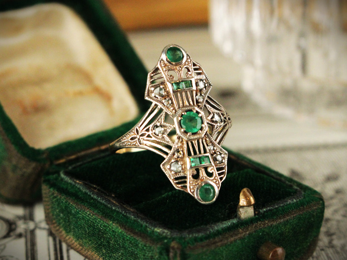 ANTIQUE ART DECO EMERALD &amp; DIAMOND RING 9ct GOLD