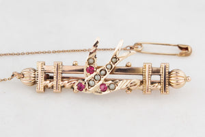 ANTIQUE AUSTRALIAN RUBY AND SEED PEARL SWALLOW BROOCH 9ct GOLD