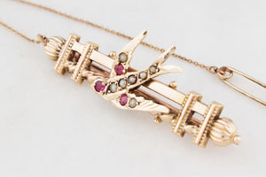ANTIQUE AUSTRALIAN RUBY AND SEED PEARL SWALLOW BROOCH 9ct GOLD