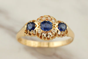 ANTIQUE EDWARDIAN 1908 SAPPHIRE & DIAMOND RING 18ct YELLOW GOLD