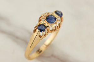 ANTIQUE EDWARDIAN 1908 SAPPHIRE & DIAMOND RING 18ct YELLOW GOLD