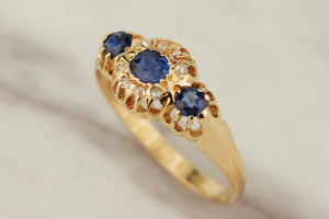 ANTIQUE EDWARDIAN 1908 SAPPHIRE & DIAMOND RING 18ct YELLOW GOLD