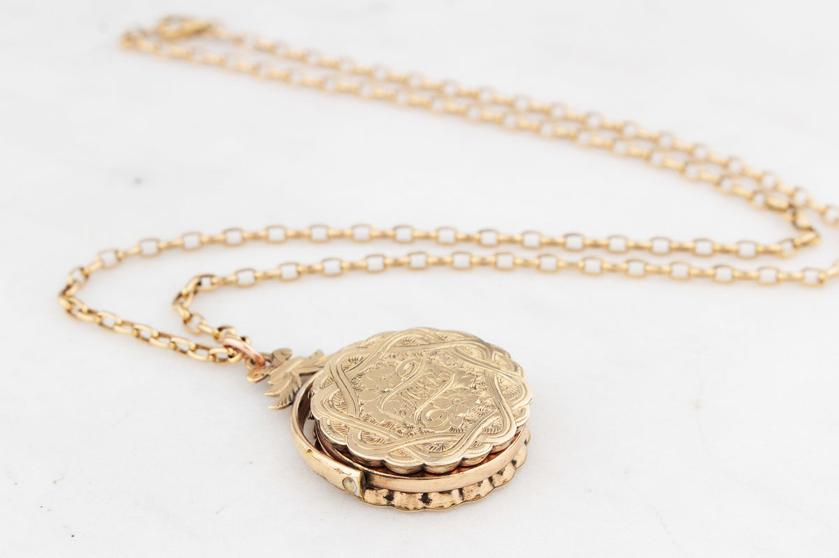ANTIQUE EDWARDIAN ENGRAVED SPINNING FOB LOCKET 9ct GOLD
