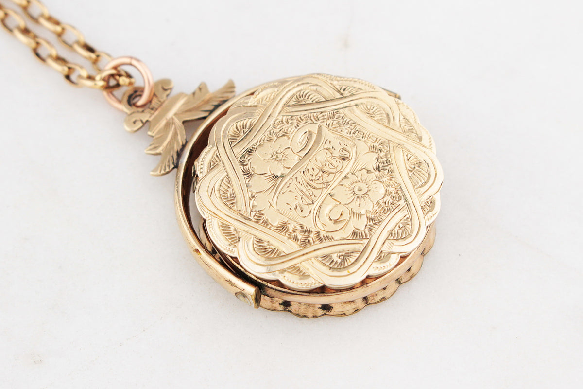 ANTIQUE EDWARDIAN ENGRAVED SPINNING FOB LOCKET 9ct GOLD