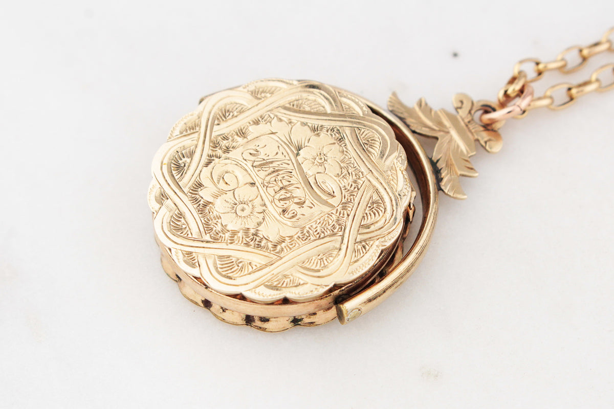 ANTIQUE EDWARDIAN ENGRAVED SPINNING FOB LOCKET 9ct GOLD