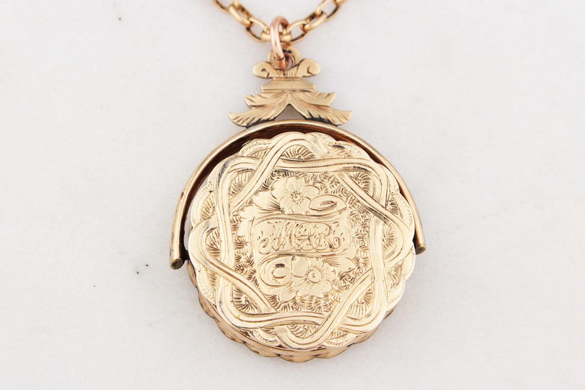 ANTIQUE EDWARDIAN ENGRAVED SPINNING FOB LOCKET 9ct GOLD