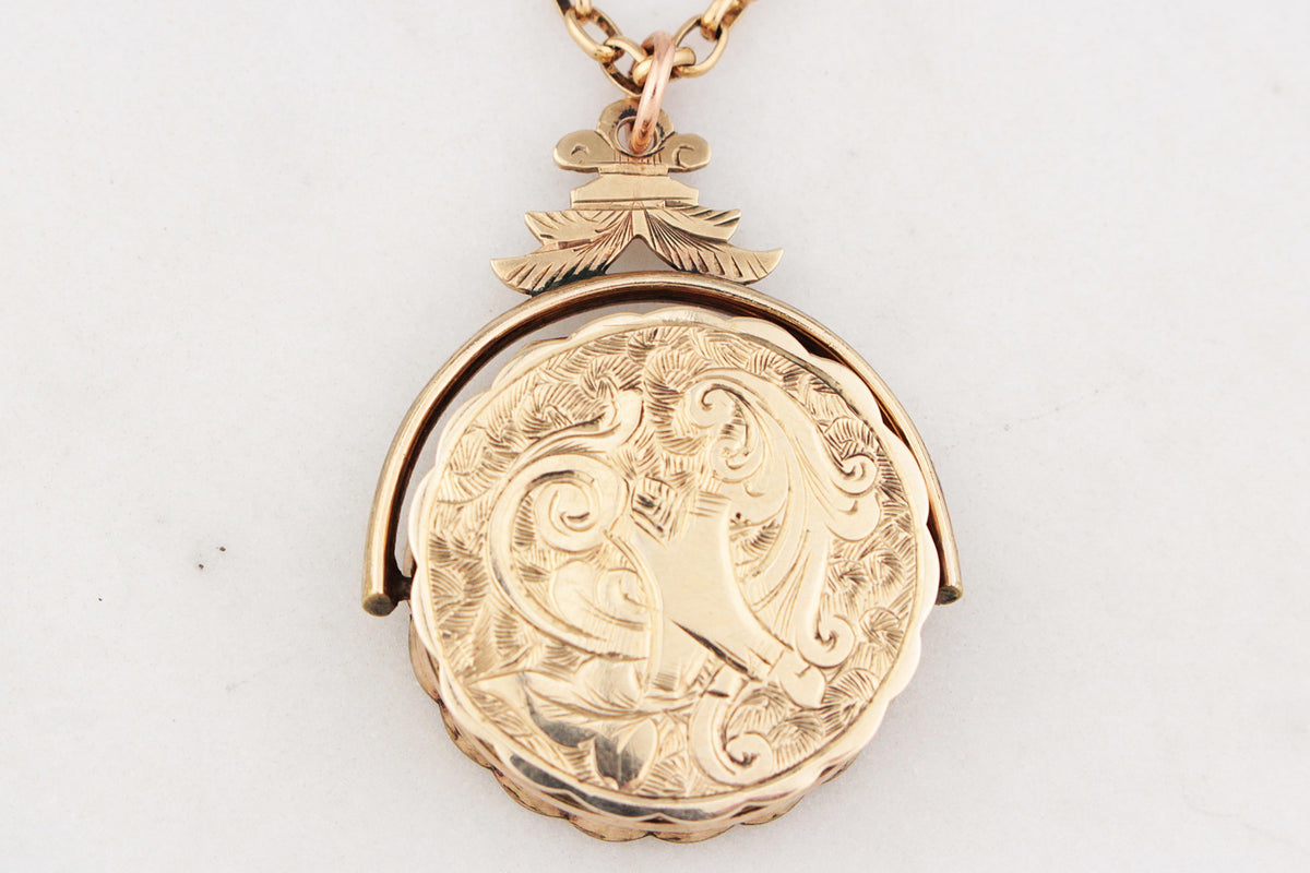 ANTIQUE EDWARDIAN ENGRAVED SPINNING FOB LOCKET 9ct GOLD
