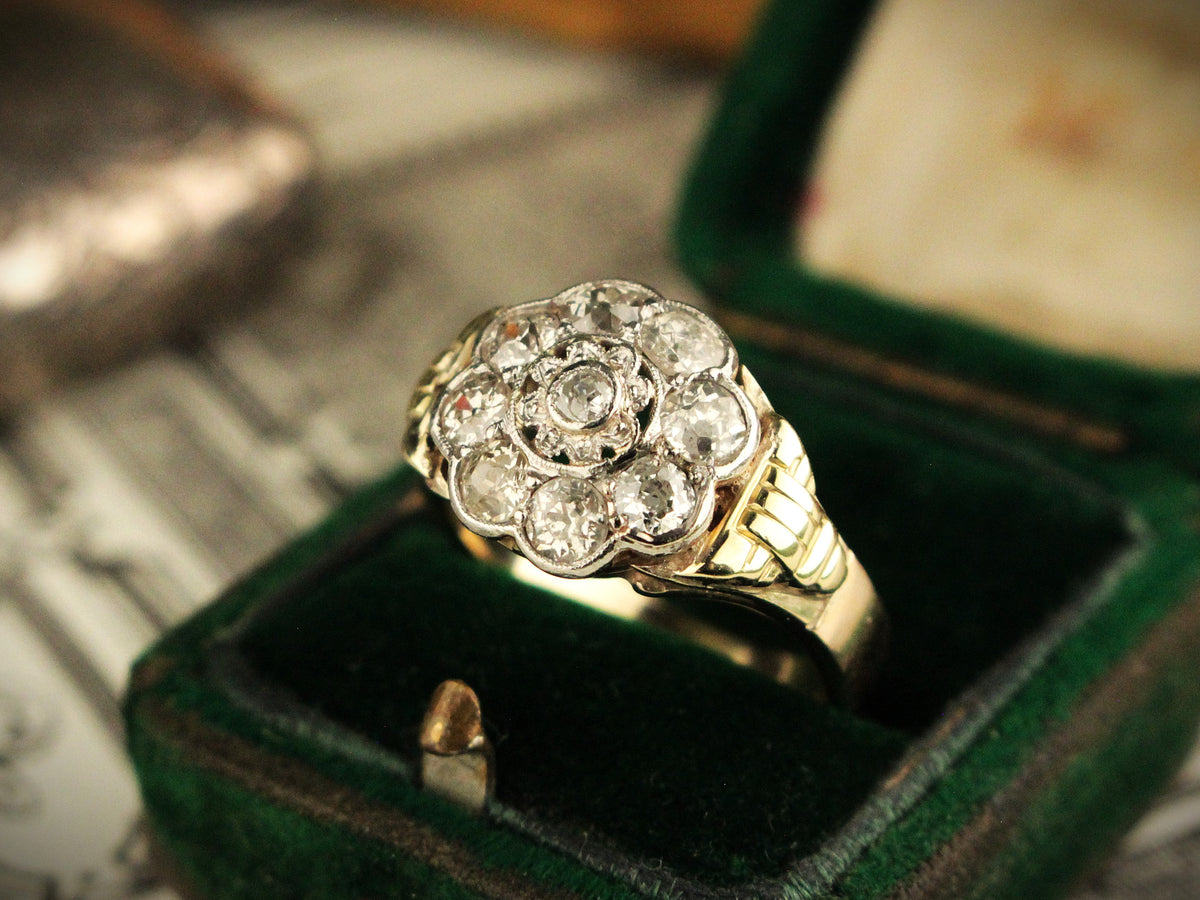ANTIQUE 1.25ct DAIMOND DAISY CLUSTER RING 14ct GOLD &amp; PLATINUM
