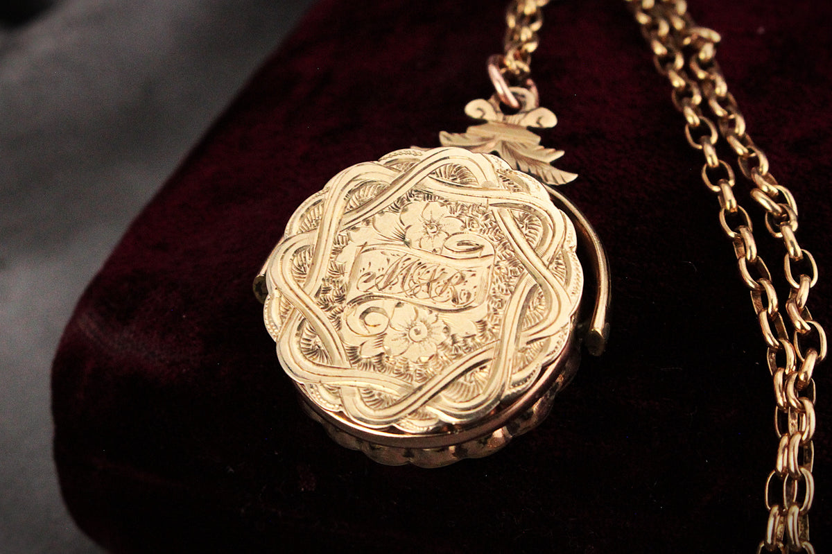 ANTIQUE EDWARDIAN ENGRAVED SPINNING FOB LOCKET 9ct GOLD