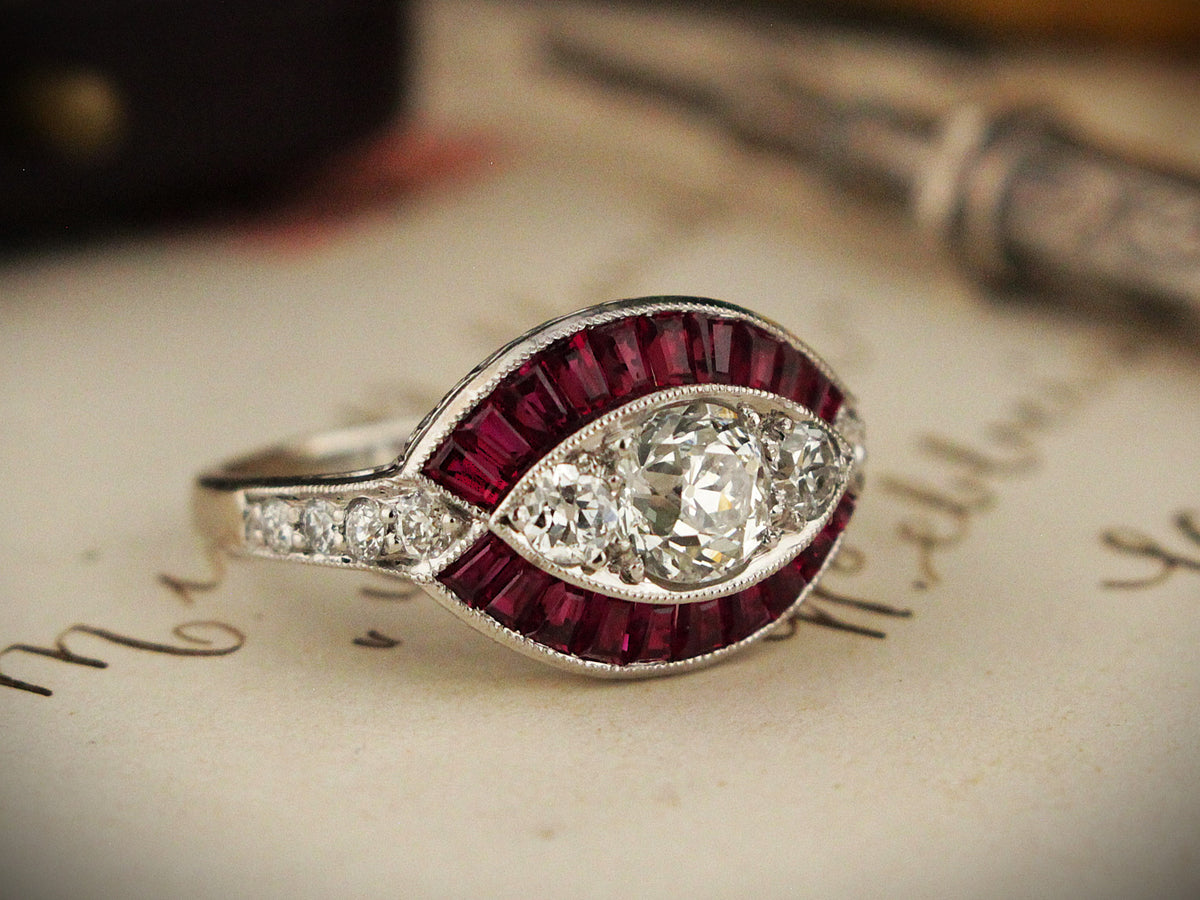 ANTIQUE ART DECO RUBY &amp; DIAMOND RING 18ct WHITE GOLD