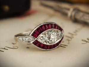 ANTIQUE ART DECO RUBY & DIAMOND RING 18ct WHITE GOLD