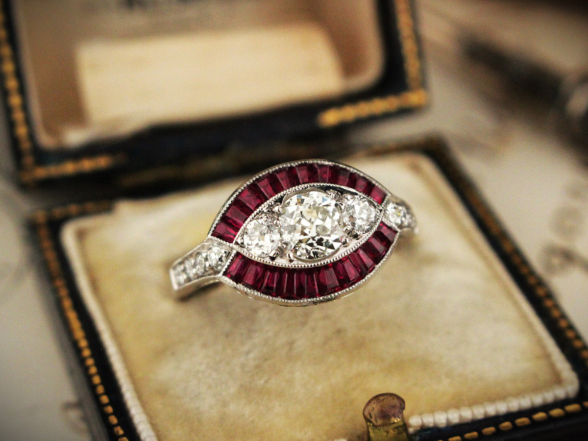 ANTIQUE ART DECO RUBY &amp; DIAMOND RING 18ct WHITE GOLD