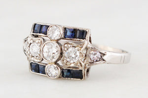 ANTQIUE ART DECO c1920 PLATINUM DIAMOND & SAPPHIRE RING