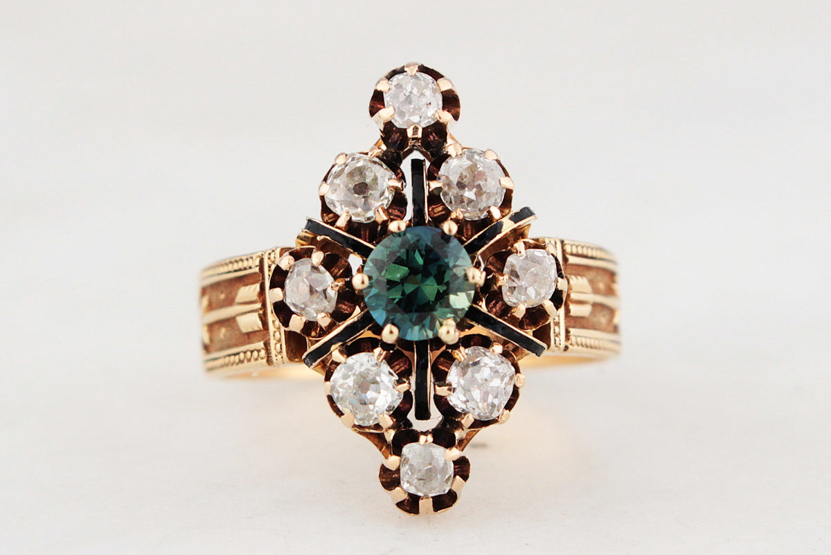 ANTIQUE VICTORIAN c1880 SAPPHIRE &amp; DIAMOND RING 15ct GOLD