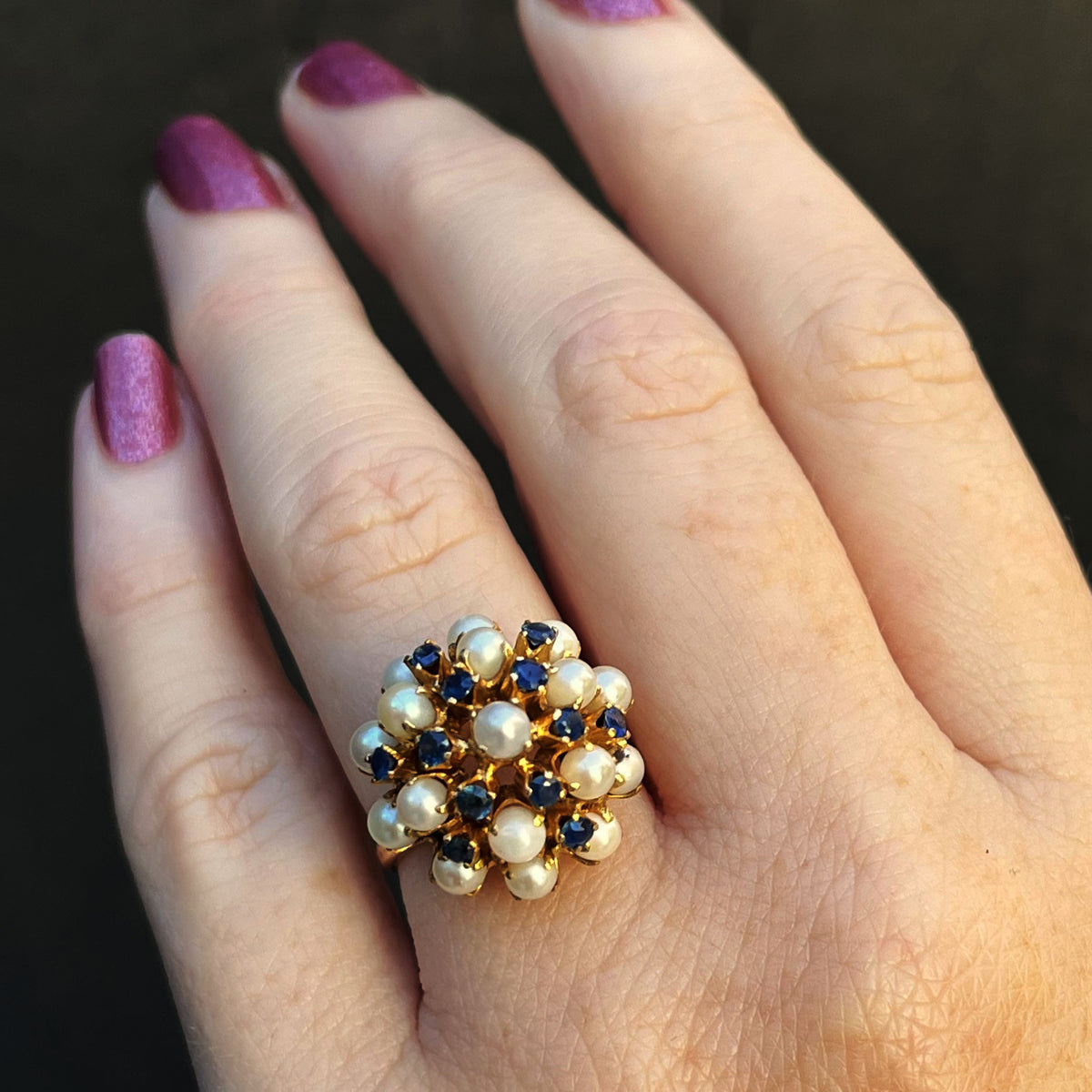 VINTAGE c1940 SAPPHIRE &amp; PEARL PRINCESS RING 9ct GOLD