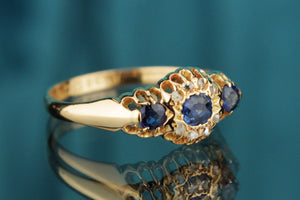 ANTIQUE EDWARDIAN 1908 SAPPHIRE & DIAMOND RING 18ct YELLOW GOLD