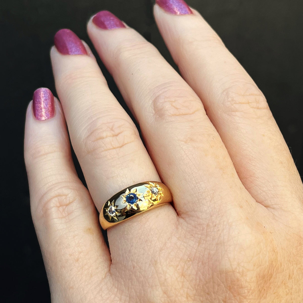 ANTIQUE EDWARDIAN c1900 STARBURST SAPPHIRE & DIAMOND RING 18ct GOLD