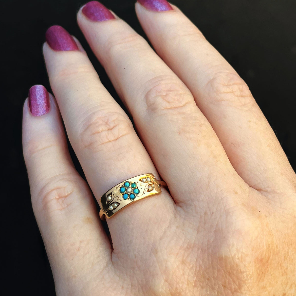 ANTIQUE VICTORIAN 1863 TURQUOISE &amp; SEED PEARL RING 22ct GOLD