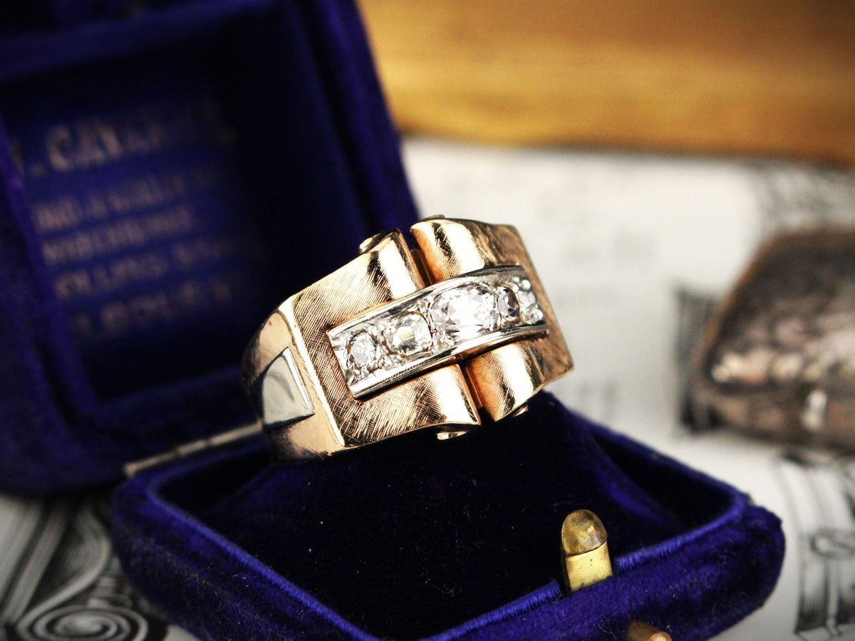 SOLAKZADE 1940s Tank Ring　18k diamond 1940s Diamond 18 Karat Yellow Gold Signet Tank Ring-Vintage