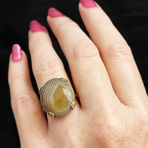 ANTIQUE EDWARDIAN c1910 BANDED AGATE COCKTAIL RING 9ct GOLD