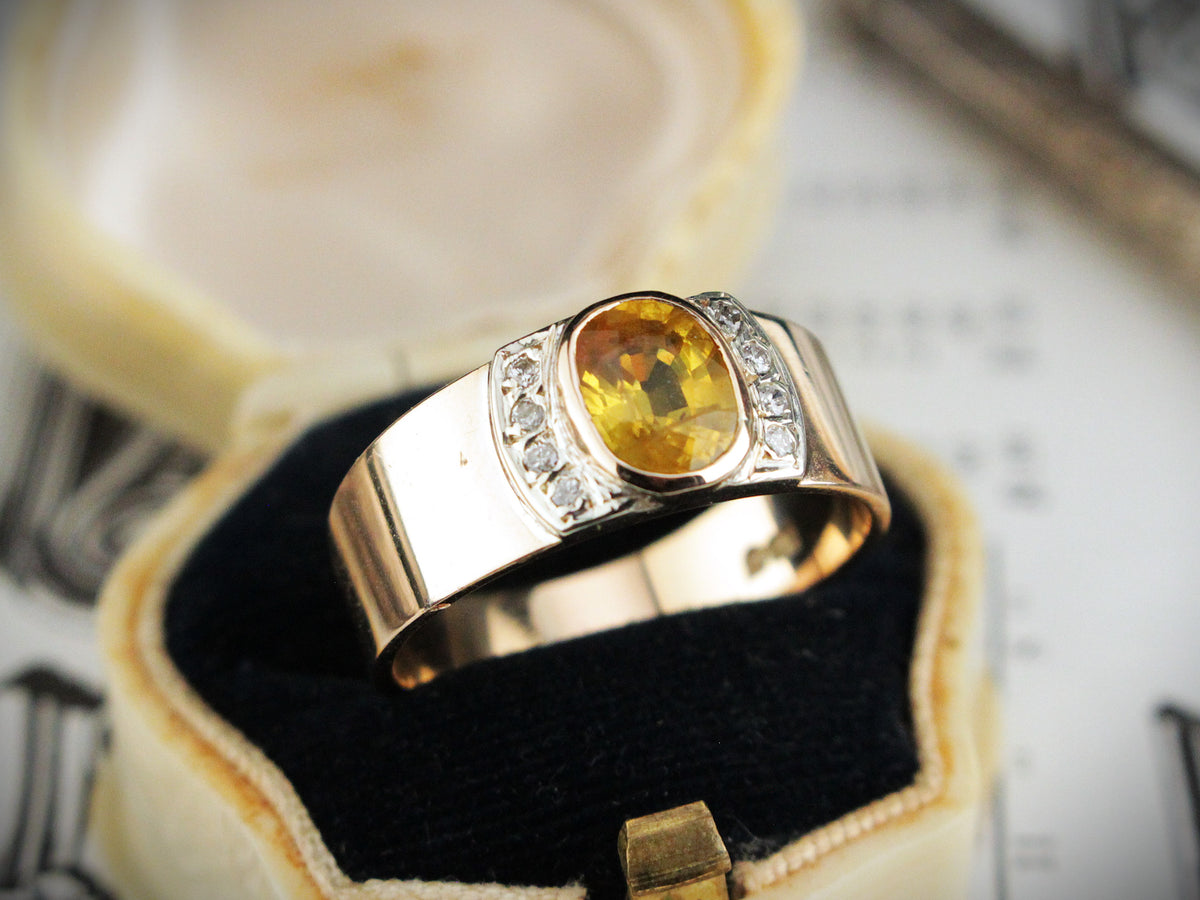 VINTAGE YELLOW SAPPHIRE &amp; DIAMOND WIDE BAND 9ct GOLD