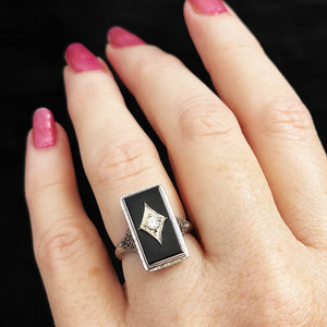 ART DECO c1930 ONYX & DIAMOND COCKTAIL RING 18ct WHITE GOLD