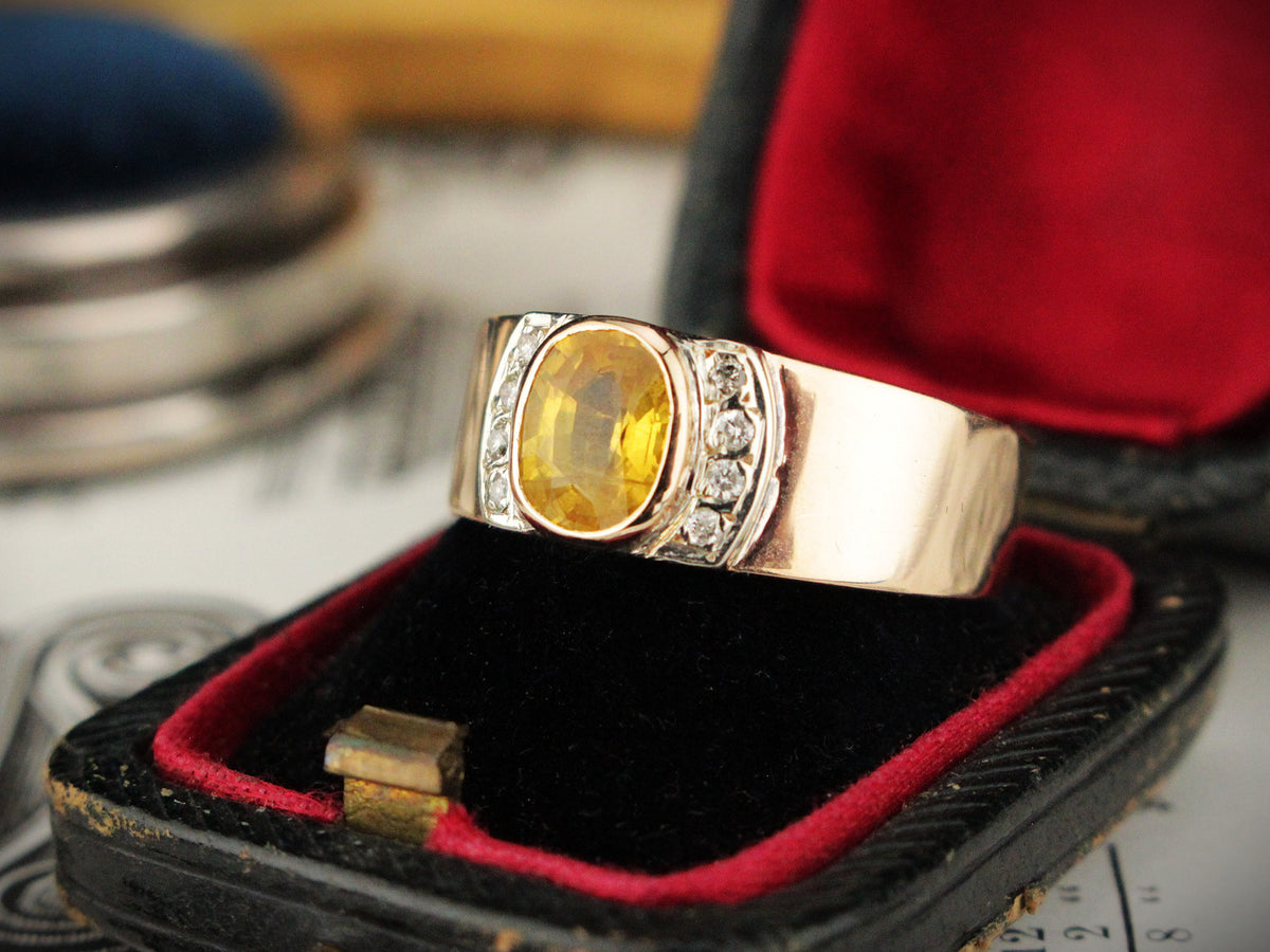 VINTAGE YELLOW SAPPHIRE &amp; DIAMOND WIDE BAND 9ct GOLD