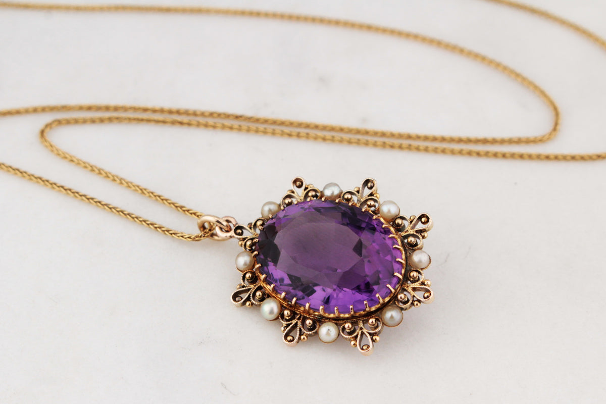 ANTIQUE VICTORIAN c1880 AMETHYST AND PEARL PENDANT 9ct GOLD