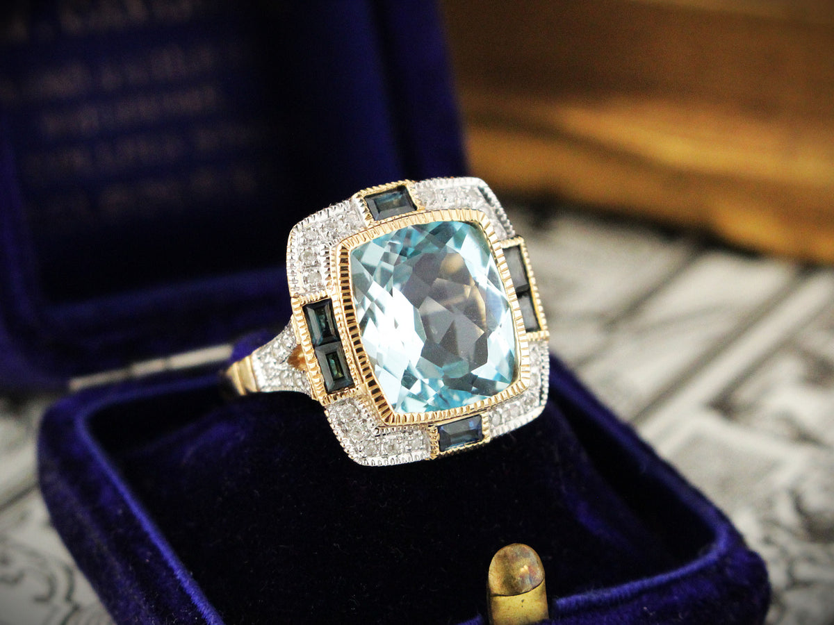 MODERN ART DECO STYLE TOPAZ SAPPHIRE &amp; DIAMOND RING 9ct GOLD