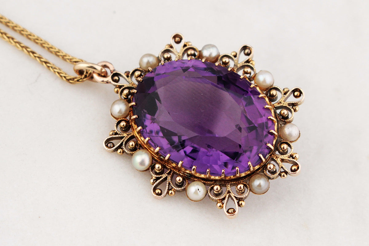 ANTIQUE VICTORIAN c1880 AMETHYST AND PEARL PENDANT 9ct GOLD
