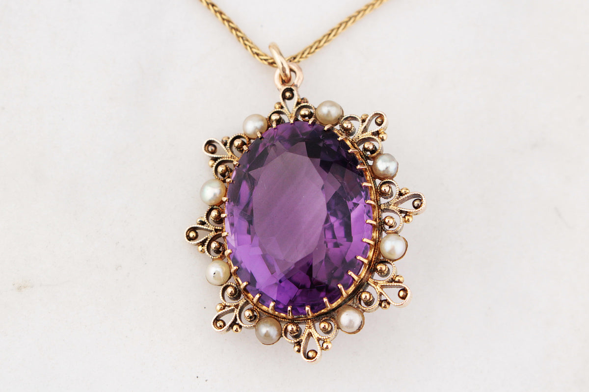 ANTIQUE VICTORIAN c1880 AMETHYST AND PEARL PENDANT 9ct GOLD