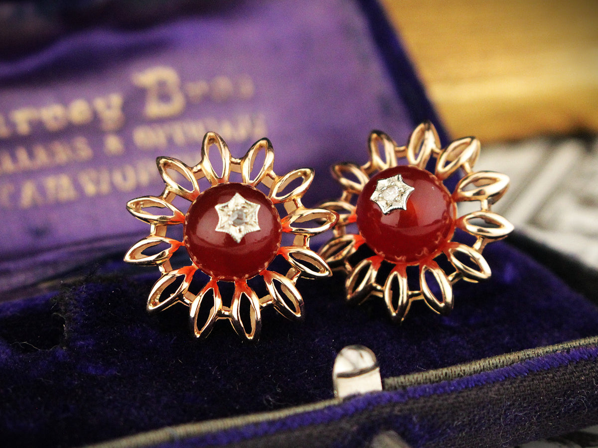 ANTIQUE EDWARDIAN CARNELIAN &amp; DIAMOND EARRINGS 18ct GOLD