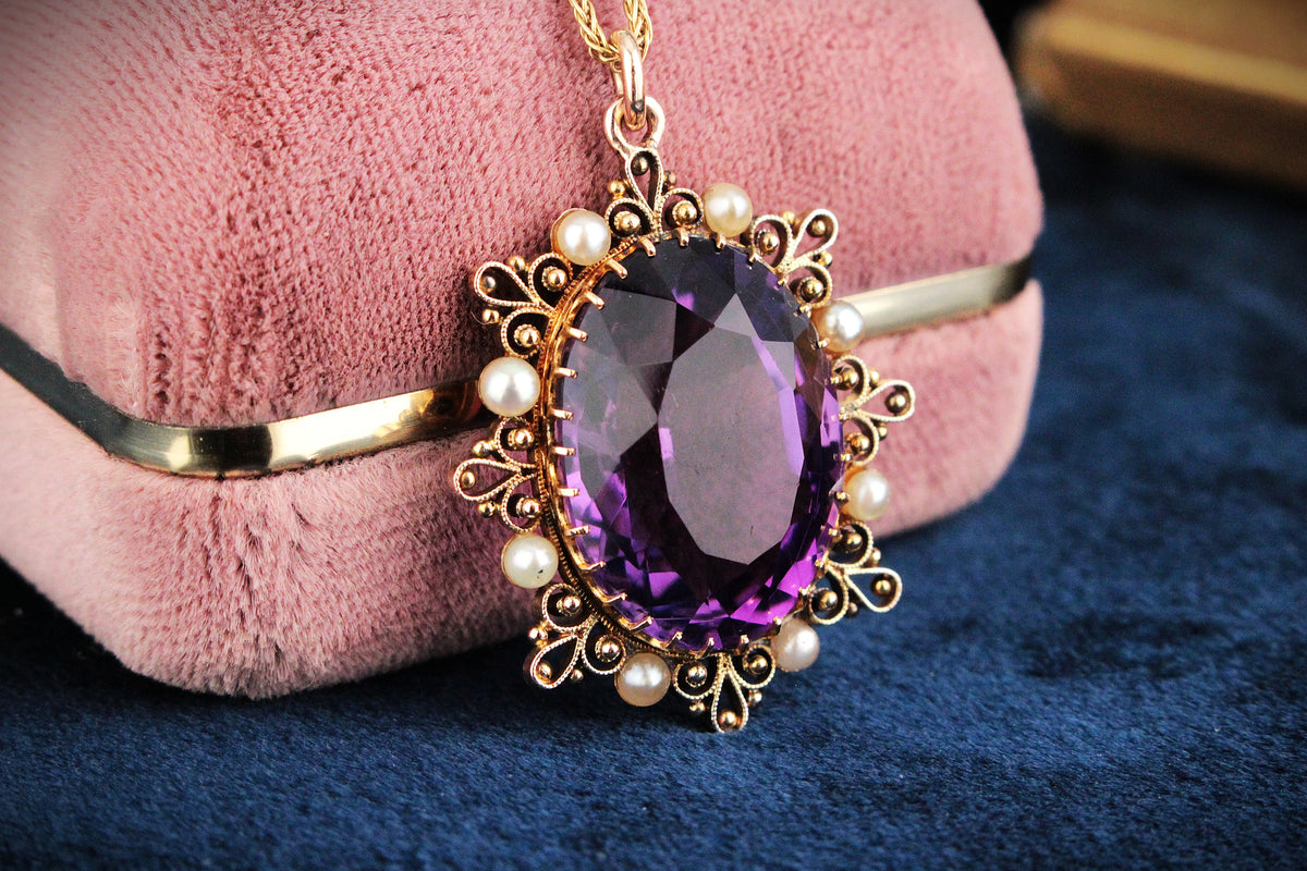ANTIQUE VICTORIAN c1880 AMETHYST AND PEARL PENDANT 9ct GOLD