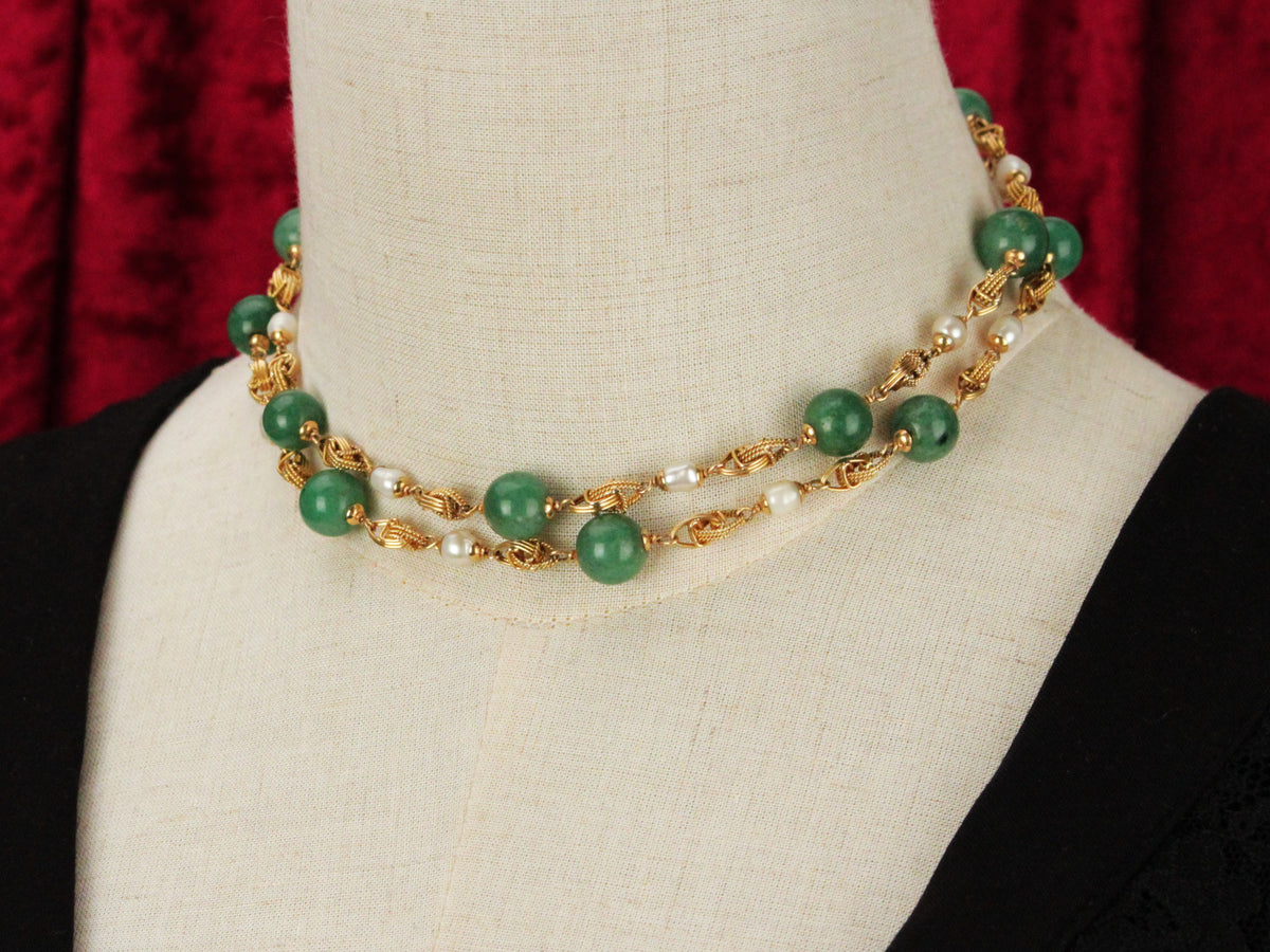 VINTAGE AVENTURINE QUARTZ &amp; KESHI PEARL NECKLACE 18ct GOLD
