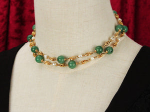 VINTAGE AVENTURINE QUARTZ & KESHI PEARL NECKLACE 18ct GOLD