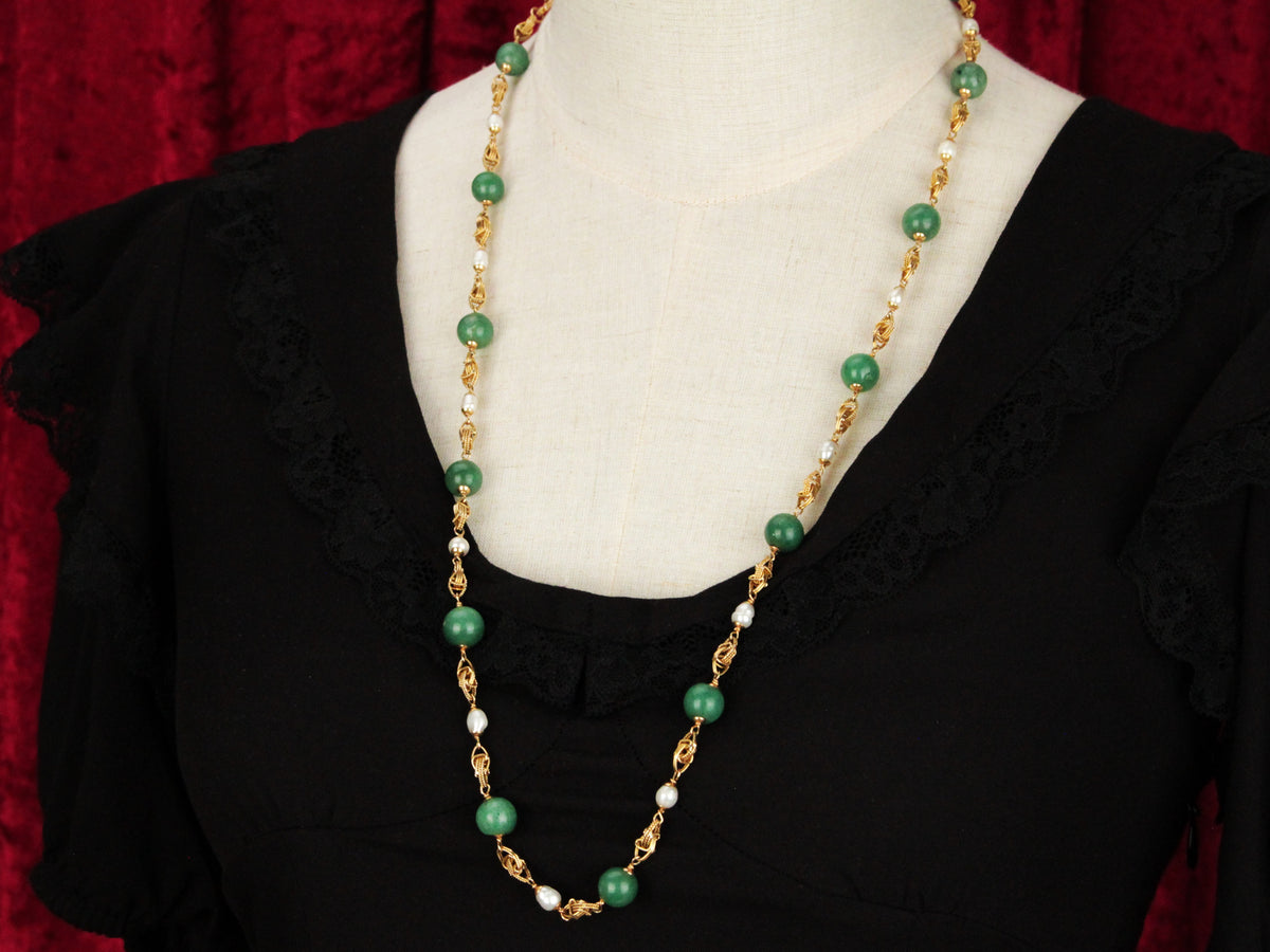 VINTAGE AVENTURINE QUARTZ &amp; KESHI PEARL NECKLACE 18ct GOLD