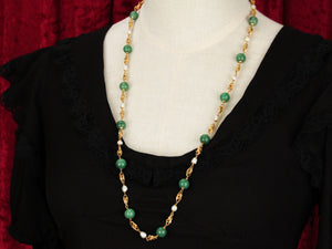 VINTAGE AVENTURINE QUARTZ & KESHI PEARL NECKLACE 18ct GOLD