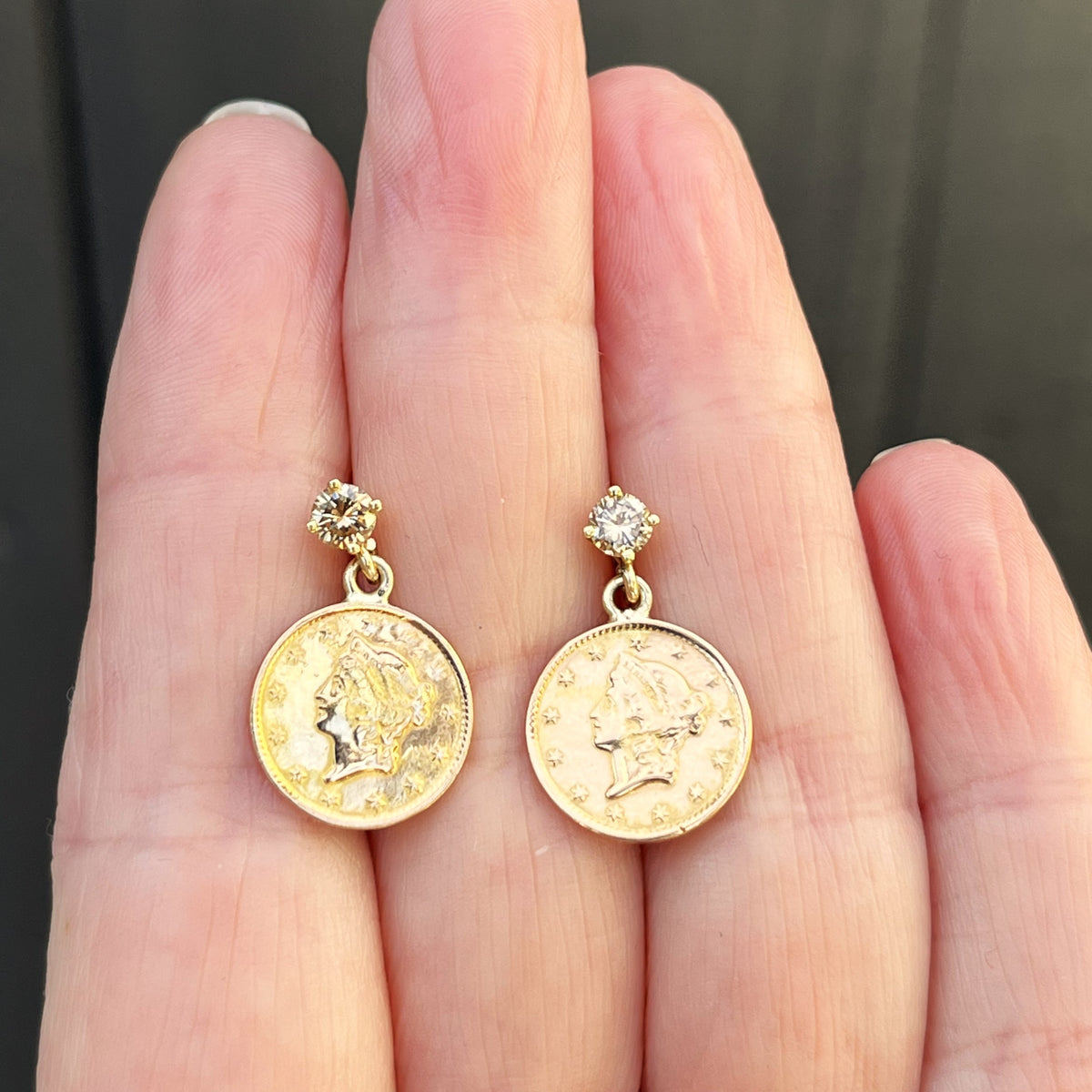 ANTIQUE LIBERTY HEAD COIN &amp; DIAMOND EARRINGS 22ct &amp; 14ct GOLD