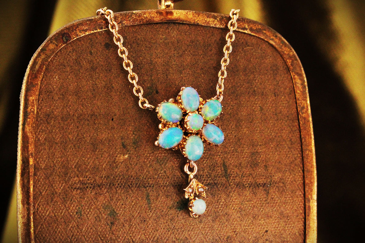 ANTIQUE EDWARDIAN c1900 SOLID OPAL NECKLACE 9ct GOLD