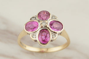 VINTAGE PINK SAPPHIRE & DIAMOND RING 9ct YELLOW GOLD