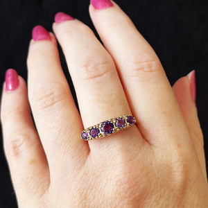VINTAGE AMETHYST FIVE STONE RING 9ct GOLD