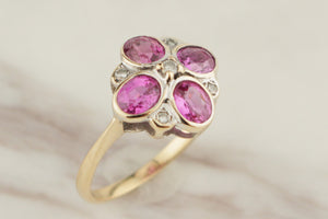 VINTAGE PINK SAPPHIRE & DIAMOND RING 9ct YELLOW GOLD