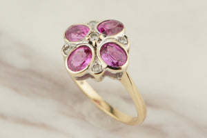 VINTAGE PINK SAPPHIRE & DIAMOND RING 9ct YELLOW GOLD