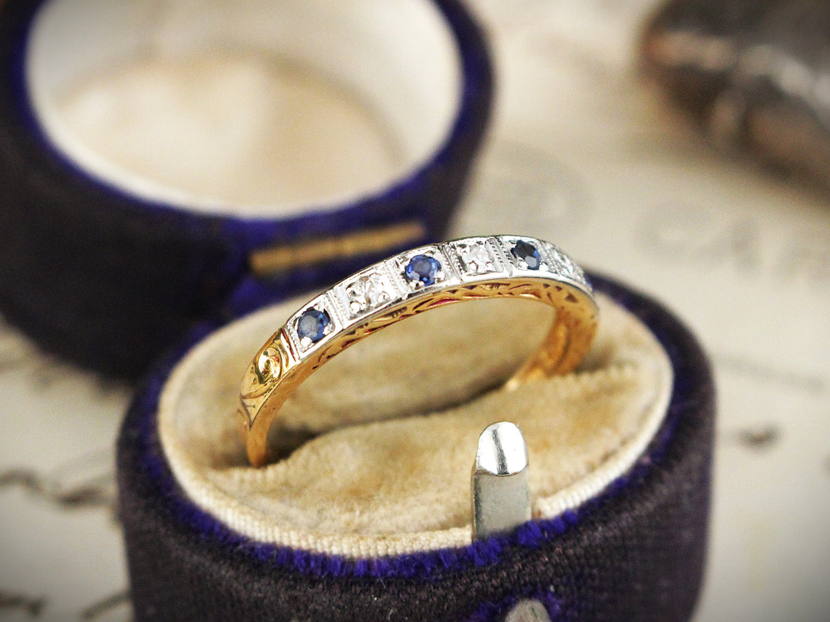 ANTIQUE ART DECO SAPPHIRE &amp; DIAMOND BAND 18ct GOLD