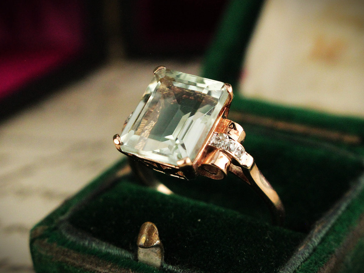 VINTAGE PRASIOLITE &amp; DIAMOND RING 9ct GOLD